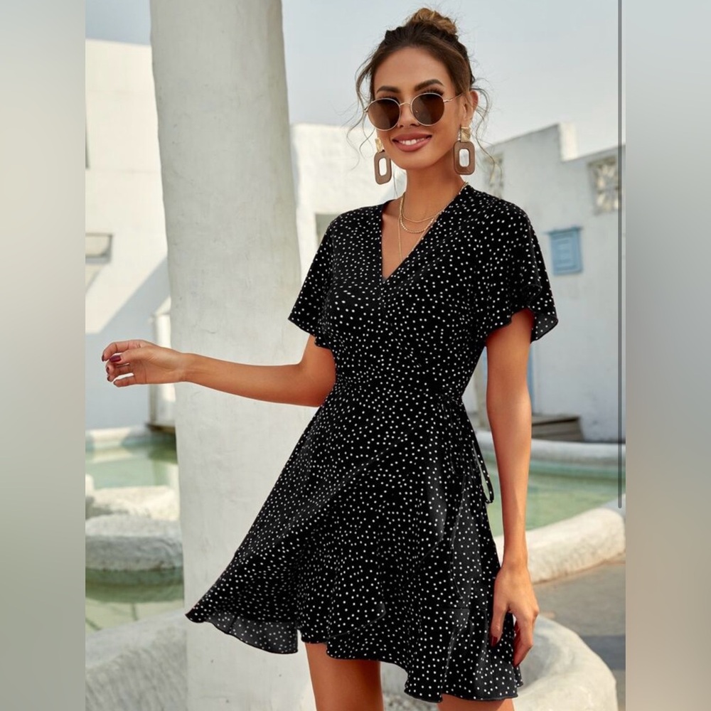 Polka Dot V-Neck Wrap Dress - Black